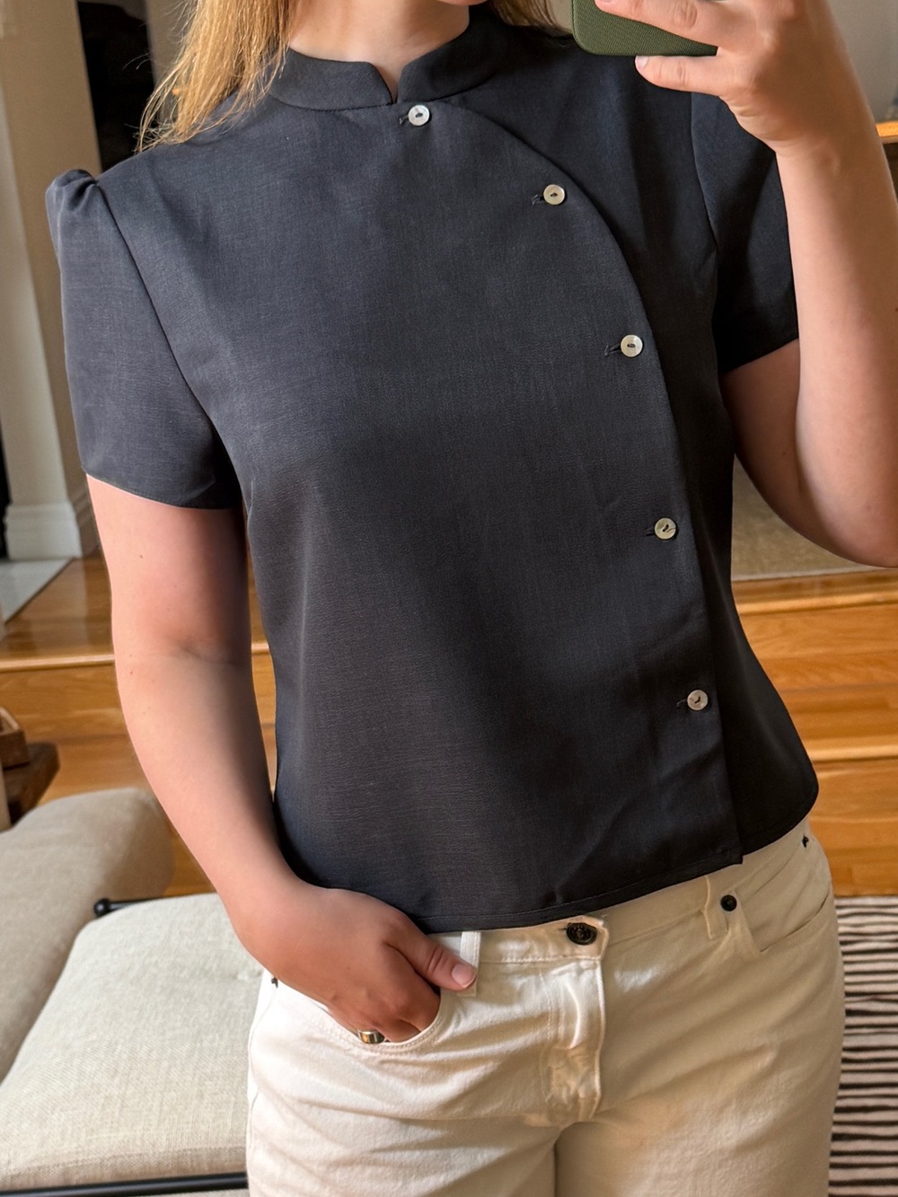 NO EMOTIONS Grey Short-Sleeve Asymmetric Button-Up Blouse